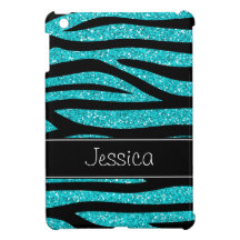 Teal Blue Faux Glitter Zebra Personalized iPad Mini Covers