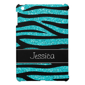 Teal Blue Faux Glitter Zebra Personalized iPad Mini Covers