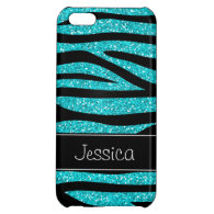 Teal Blue Faux Glitter Zebra Personalized iPhone 5C Cases