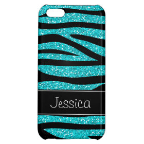Teal Blue Faux Glitter Zebra Personalized iPhone 5C Cases