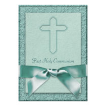 Teal Blue Girls First Communion Invitation invitations