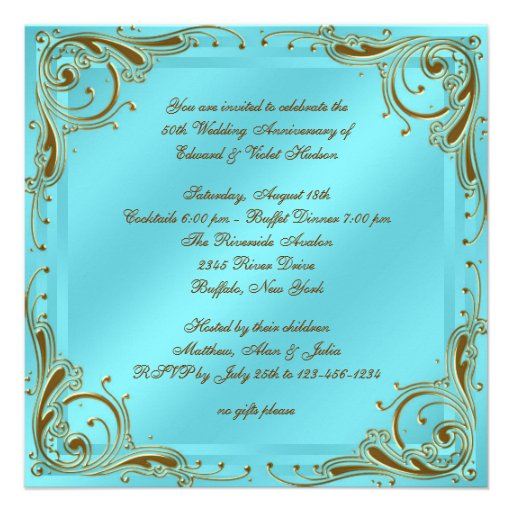 Teal Blue Gold 50th Wedding Anniversary Party Personalized Invitations (front side)
