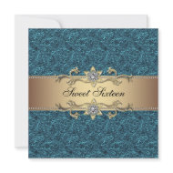 Teal Blue Gold Classy Jewel Sweet Sixteen Party invitation