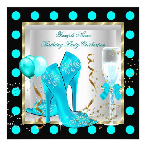 Teal Blue Gold Glitter White Spot Birthday Party Announcement