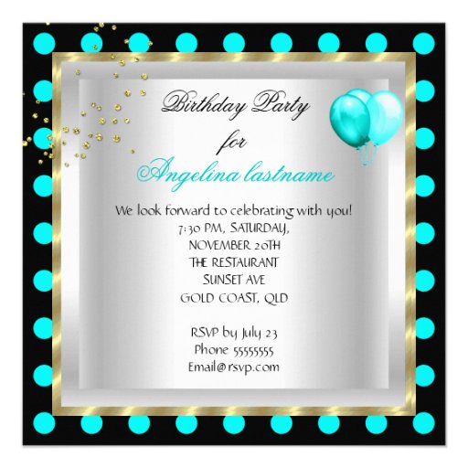 Teal Blue Gold Glitter White Spot Birthday Party Announcement