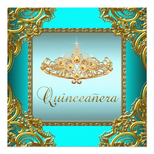 Teal Blue Gold Tiara Quinceanera Personalized Announcement