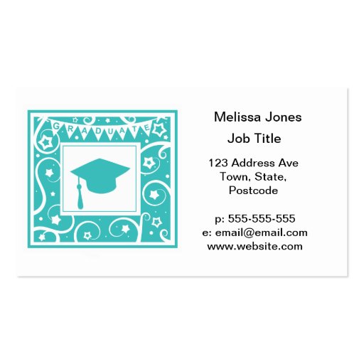 Teal blue graduate mortar board hat business card (front side)