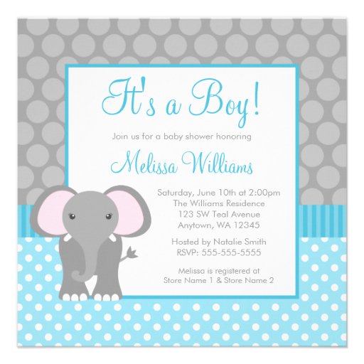 Teal Blue Gray Elephant Polka Dot Boy Baby Shower Personalized Invitations (front side)