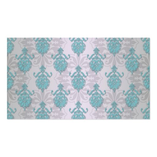 Teal Blue Green and Silvery White Damask Business Card Template (back side)