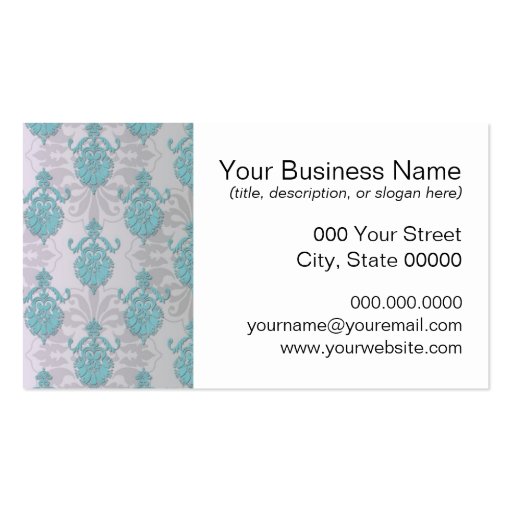Teal Blue Green and Silvery White Damask Business Card Template (front side)