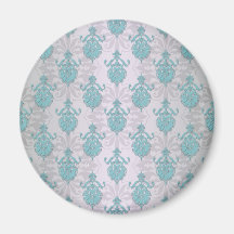 Teal Blue Green and Silvery White Damask Fridge Magnet