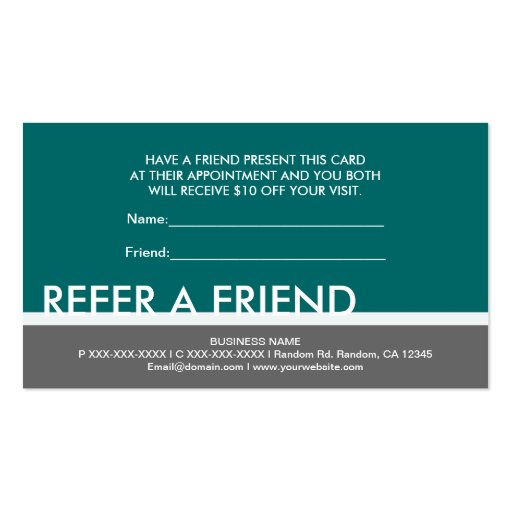 Teal blue green simple refer a friend cards business cards (front side)