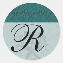 teal blue green swirl damask ornate pattern round stickers