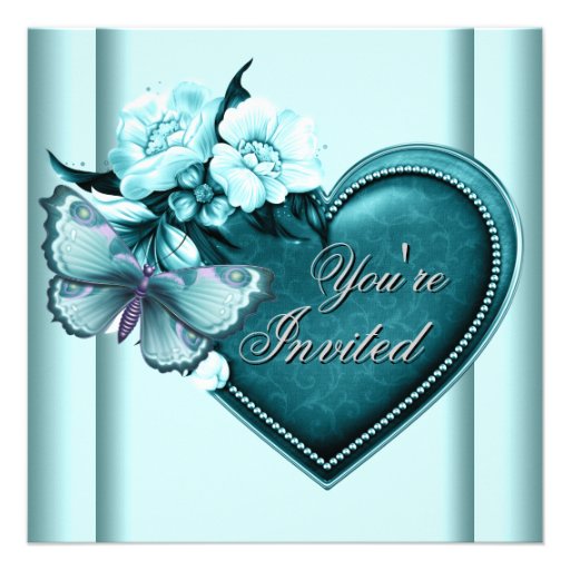 Teal Blue Heart Butterfly Teal Blue Party Personalized Invite (front side)