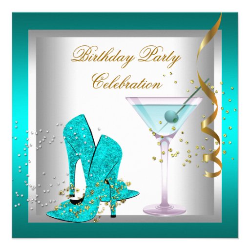 Teal Blue High Heel Shoes Gold Birthday Party Announcements