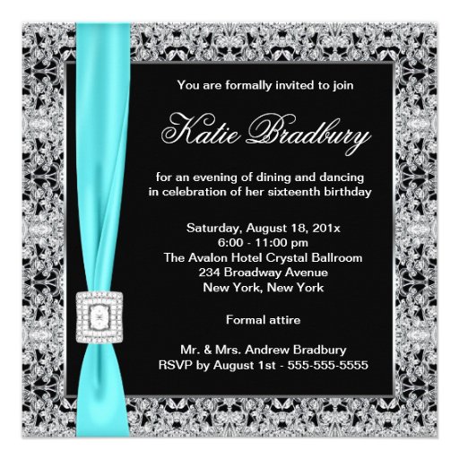 Teal Blue Lace Black Sweet Sixteen Party Custom Invitations