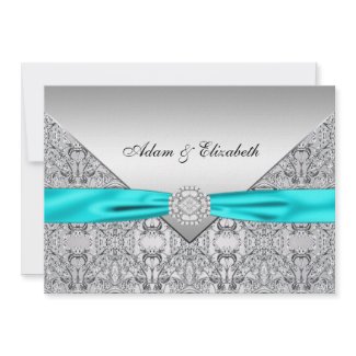 Teal Blue Lace Diamond Ribbon Wedding 5x7 invitation