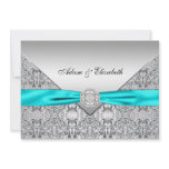 Teal Blue Lace Diamond Ribbon Wedding 5x7 Custom Invites