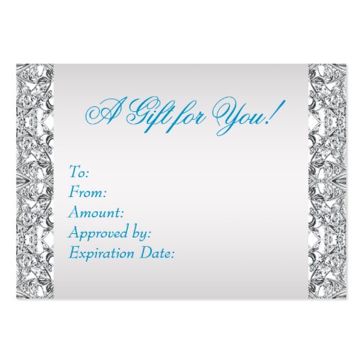 Teal Blue Lace Elegant Teal Gift Certificate Business Card Templates (back side)