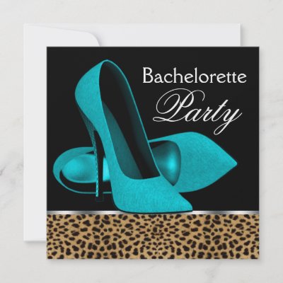 Teal Blue Shoes on Teal Blue Leopard High Heels Bachelorette Party Custom Invitations By