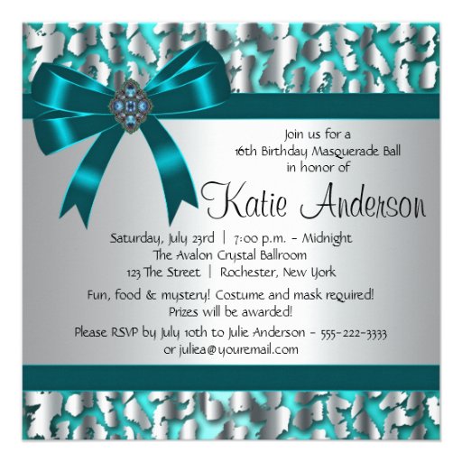 Teal Blue Leopard Sweet Sixteen Masquerade Party Custom Announcements
