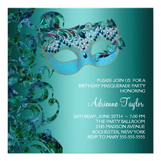 Teal Blue Masquerade Party Invitations