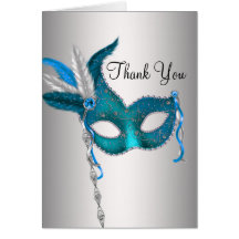 Teal Blue Masquerade Party Thank You Cards