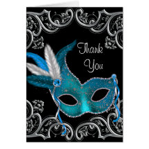 Teal Blue Masquerade Party Thank You Cards