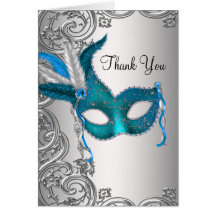 Teal Blue Masquerade Party Thank You Cards