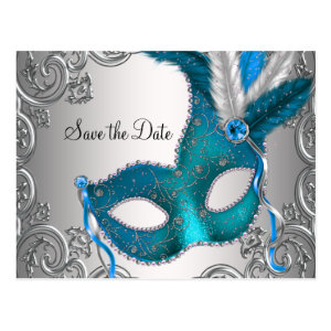 Teal Blue Masquerade Save The Date Postcard