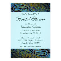 Teal Blue Paisley Peacock Bridal Shower Personalized Invitation