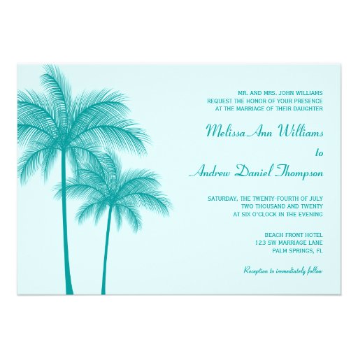 Teal Blue Palm Tree Tropical Wedding Personalized Invites