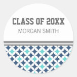 Teal Blue Pattern Graduation Custom Year Name Round Stickers