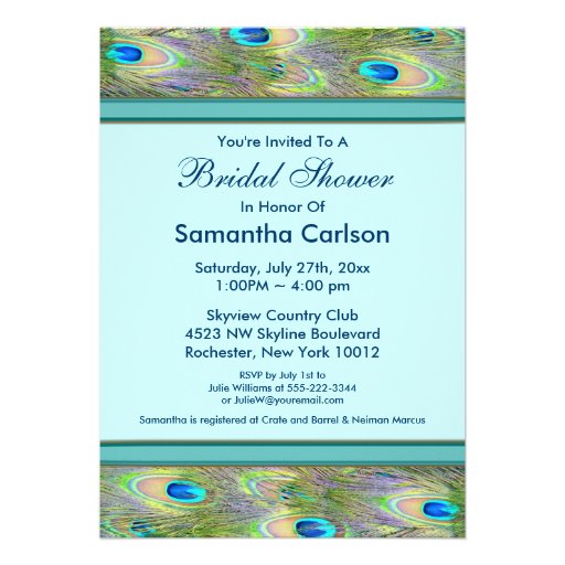 Teal Blue Peacock Bridal Shower Personalized Invite