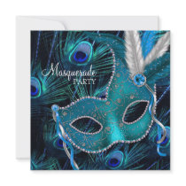 Teal Blue Peacock Mask Masquerade Party Personalized Announcement
