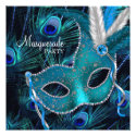 Teal Blue Peacock Mask Masquerade Party Personalized Announcement