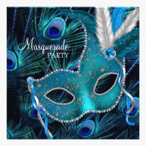 Teal Blue Peacock Mask Masquerade Party invitations