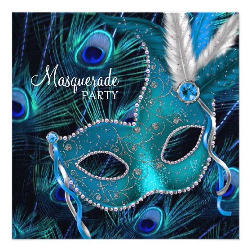 Teal Blue Peacock Mask Masquerade Party Personalized Announcement (front side)
