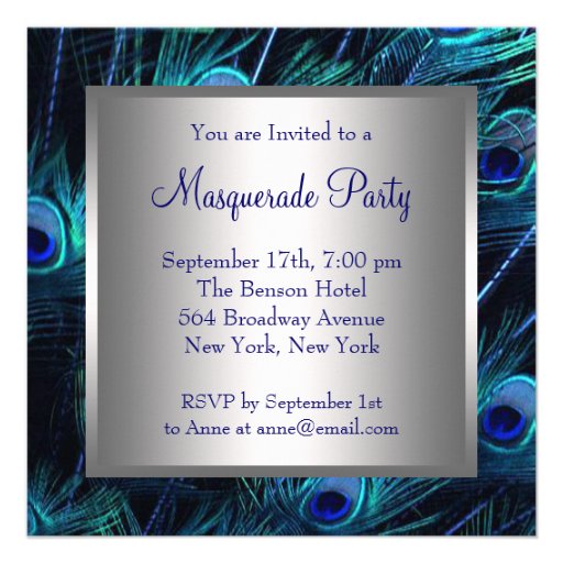Teal Blue Peacock Mask Masquerade Party Personalized Announcement