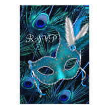 Teal Blue Peacock Mask Masquerade Party RSVP Invites