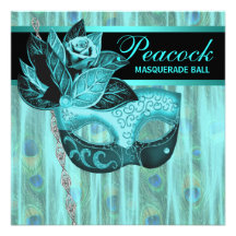 Teal Blue Peacock Masquerade Party Custom Invitations