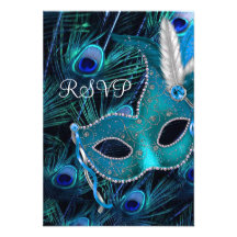 Teal Blue Peacock Masquerade Party RSVP Personalized Announcement