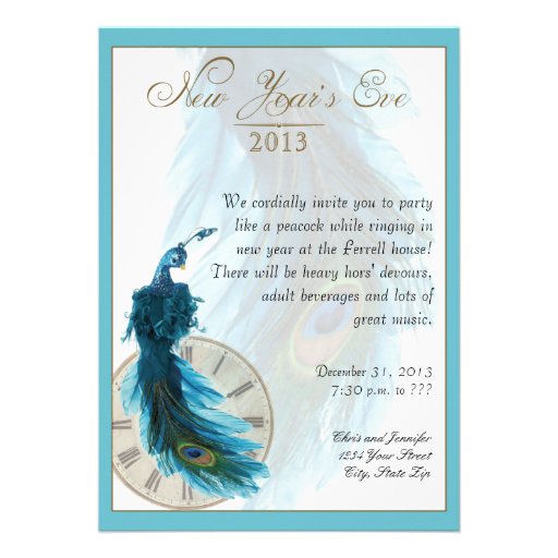 Teal Blue Peacock Plume New Years Eve Card (front side)