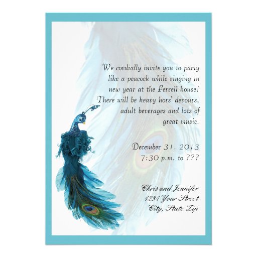 Teal Blue Peacock Plume New Years Eve Personalized Invite (front side)