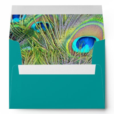Teal Blue Peacock Wedding Invitations Envelopes by decembermorning