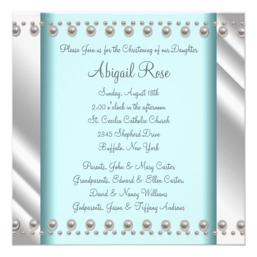 Teal Blue Pearl Cross Baby Baptism Christening Invitation