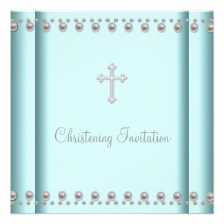 Teal Blue Pearl Cross Baby Boy Girl Christening Personalized Announcements