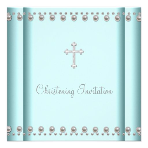 Teal Blue Pearl Cross Baby Boy Girl Christening Personalized Announcements