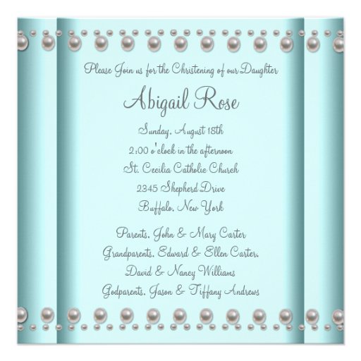 Teal Blue Pearl Cross Baby Boy Girl Christening Personalized Announcements