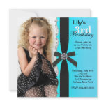 Teal Blue Photo Girls 3rd Birthday Party Personalized Announcements